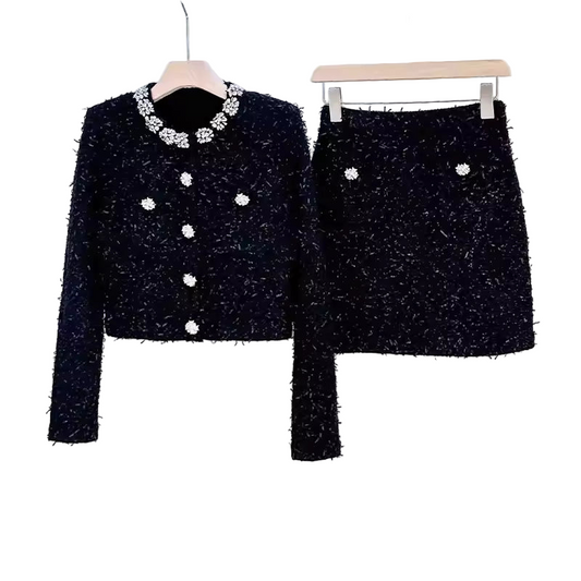 Luxury Rhinestone Beaded Knit Cardigan & Mini Pencil Skirt Set