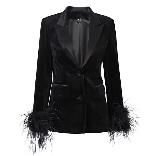 Feather Trim Velvet Blazer