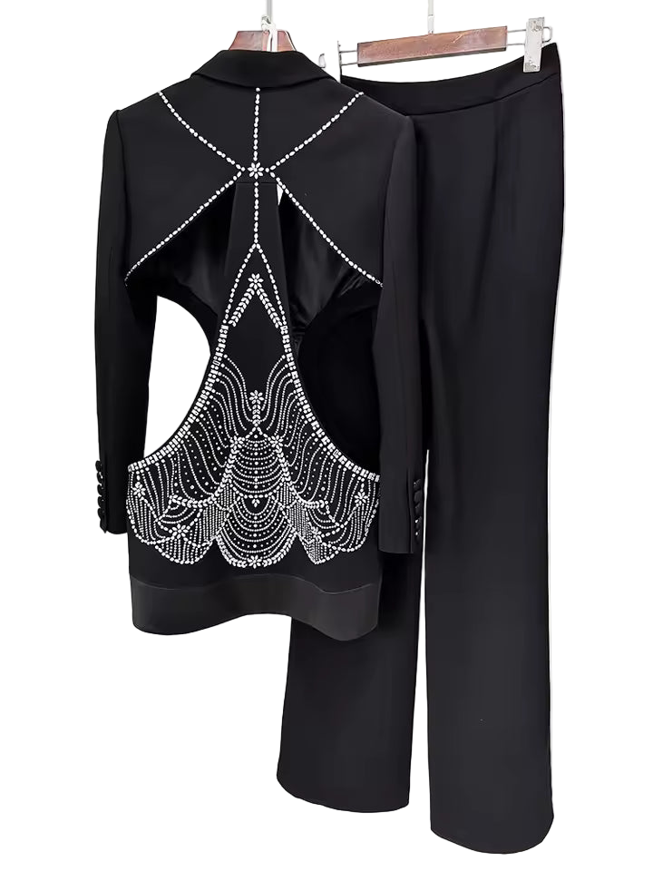 Beaded Diamond Hollow Out Single Button Jacket Pants Set
