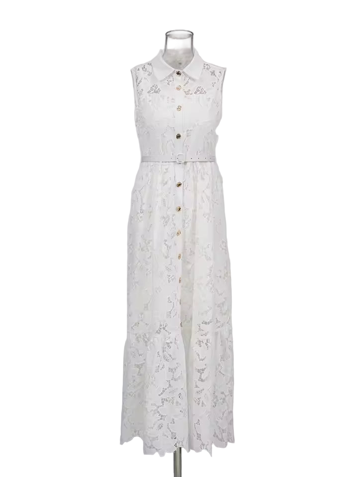 Sleeveless Patchwork Belted Lapel Dress with Hollow Out Detail