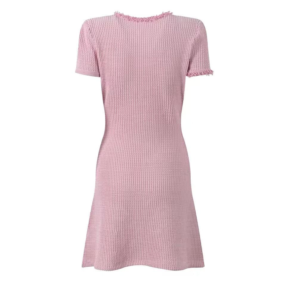 Beaded O-Neck Short Sleeve Knit A-Line Mini Dress