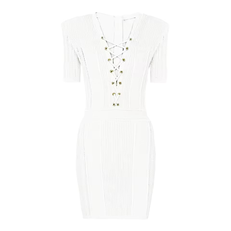 Three-Color Knitted V-Neck Belted Short Sleeve Slim Fit Dress