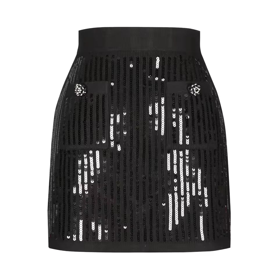 Luxury Sequin Knit Diamond Button Cardigan & Slim Fit Pencil Skirt Set