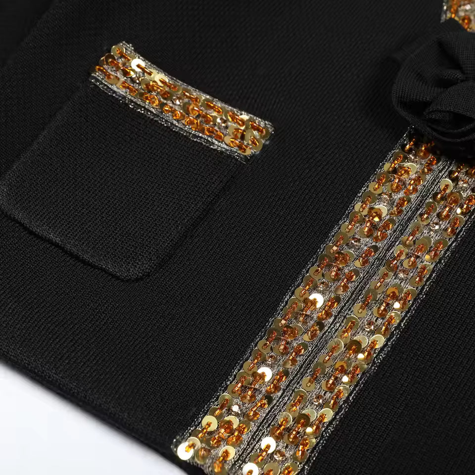 Elastic Knit 3D Floral Beaded Long Sleeve Cardigan & Slim Half Skirt Set