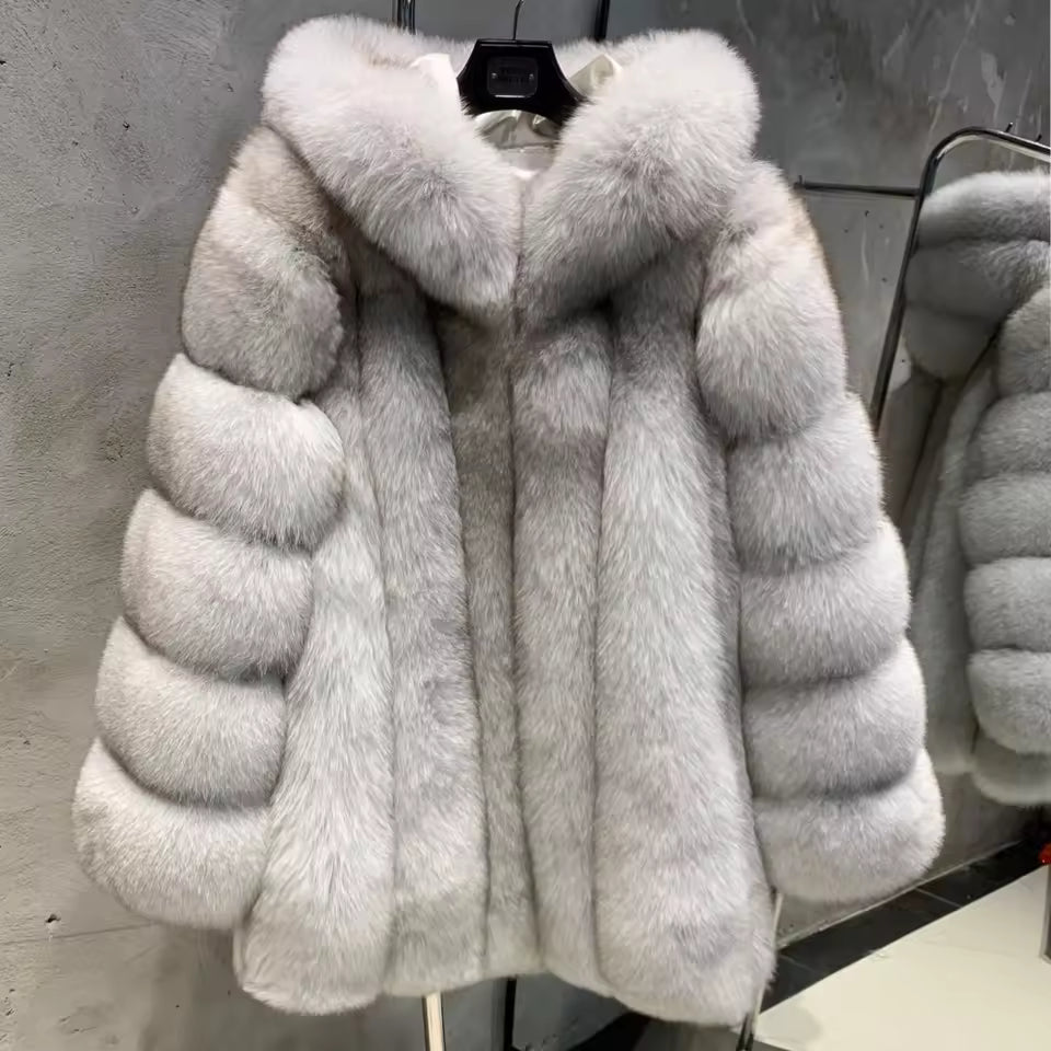 Hooded Natural Fox Fur Coat