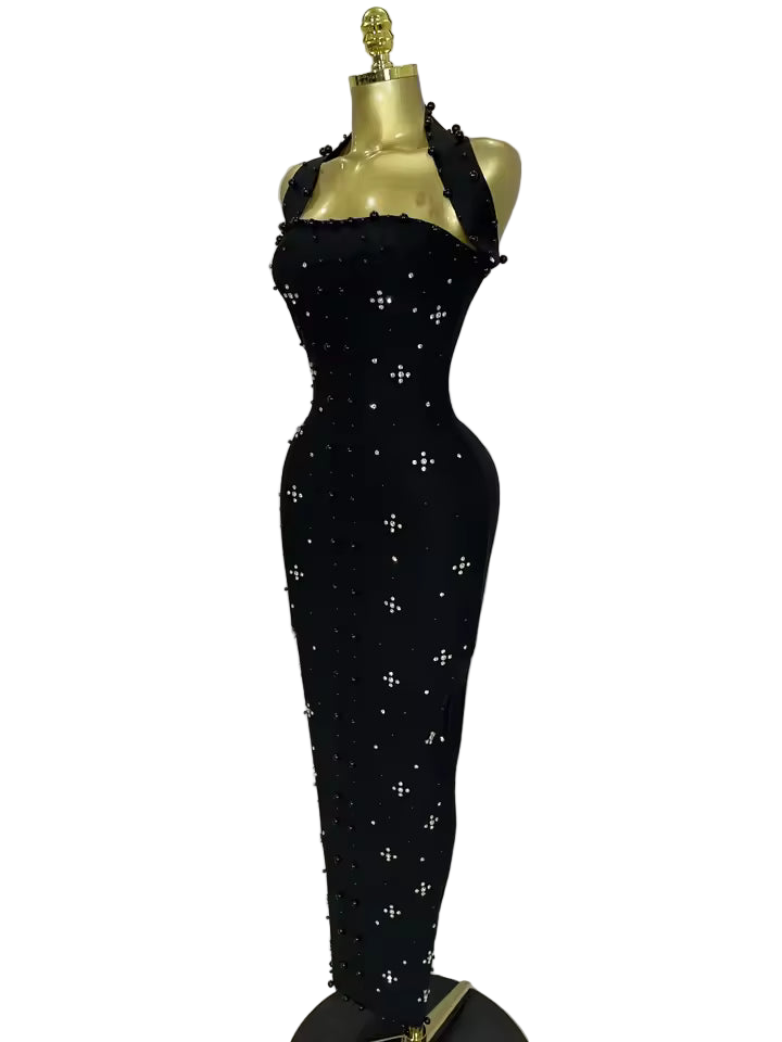 Sparkling Rhinestone Pearl Sleeveless Bodycon Bandage Long Dress