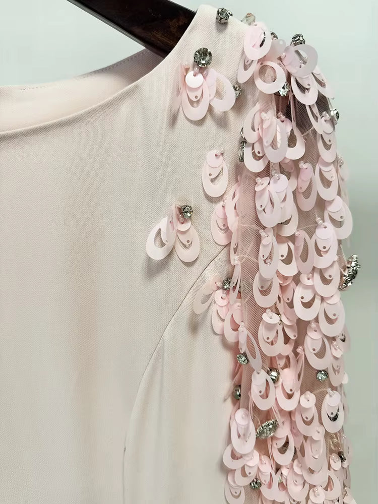 Split Mesh Diamond Beaded Long Sleeve Maxi Dress