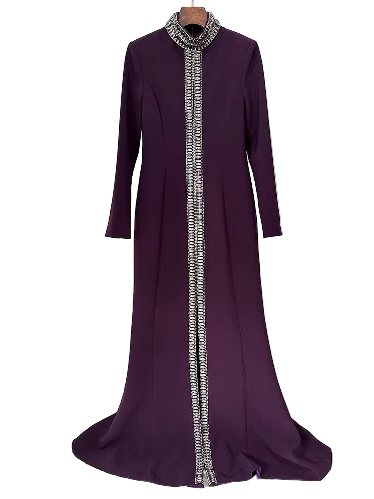 Short Sleeve Stand Collar Diamond Beaded Maxi Dress