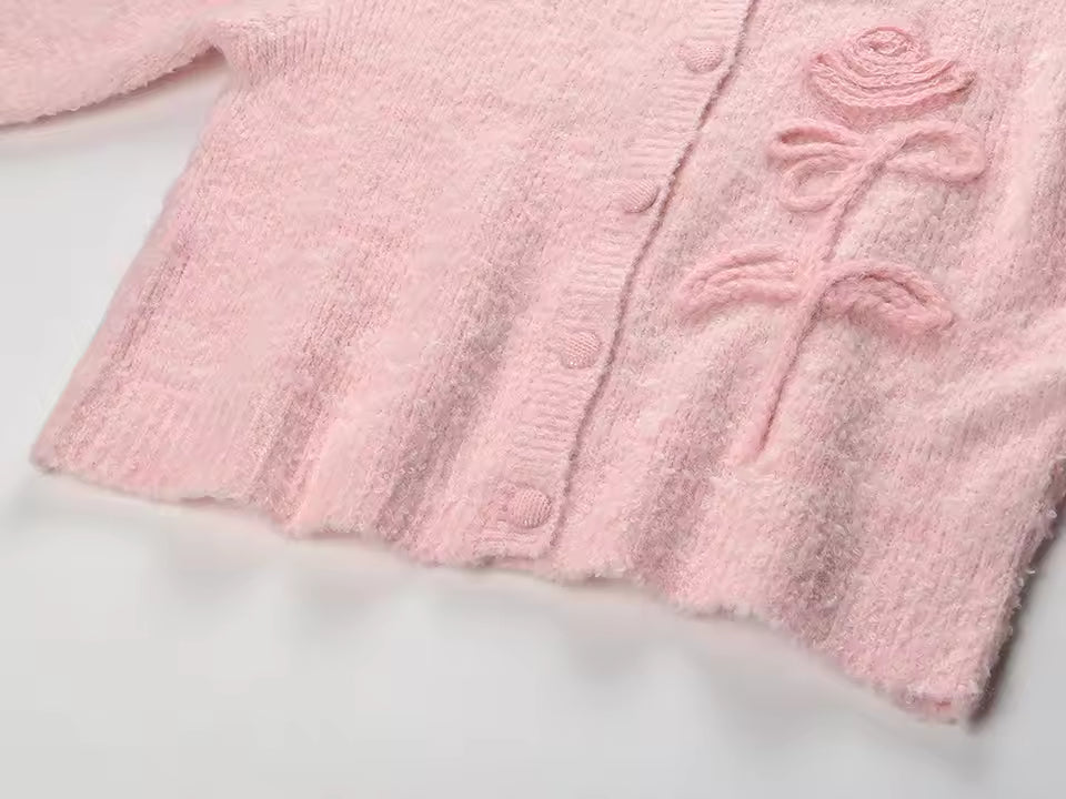 Solid Rose Accent O-Neck Long Sleeve Knit Cardigan