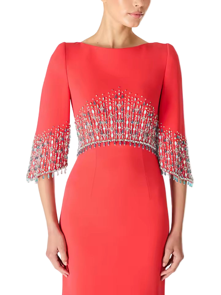 Slim Fit Patchwork Beaded Midi Dress with Half Sleeves
