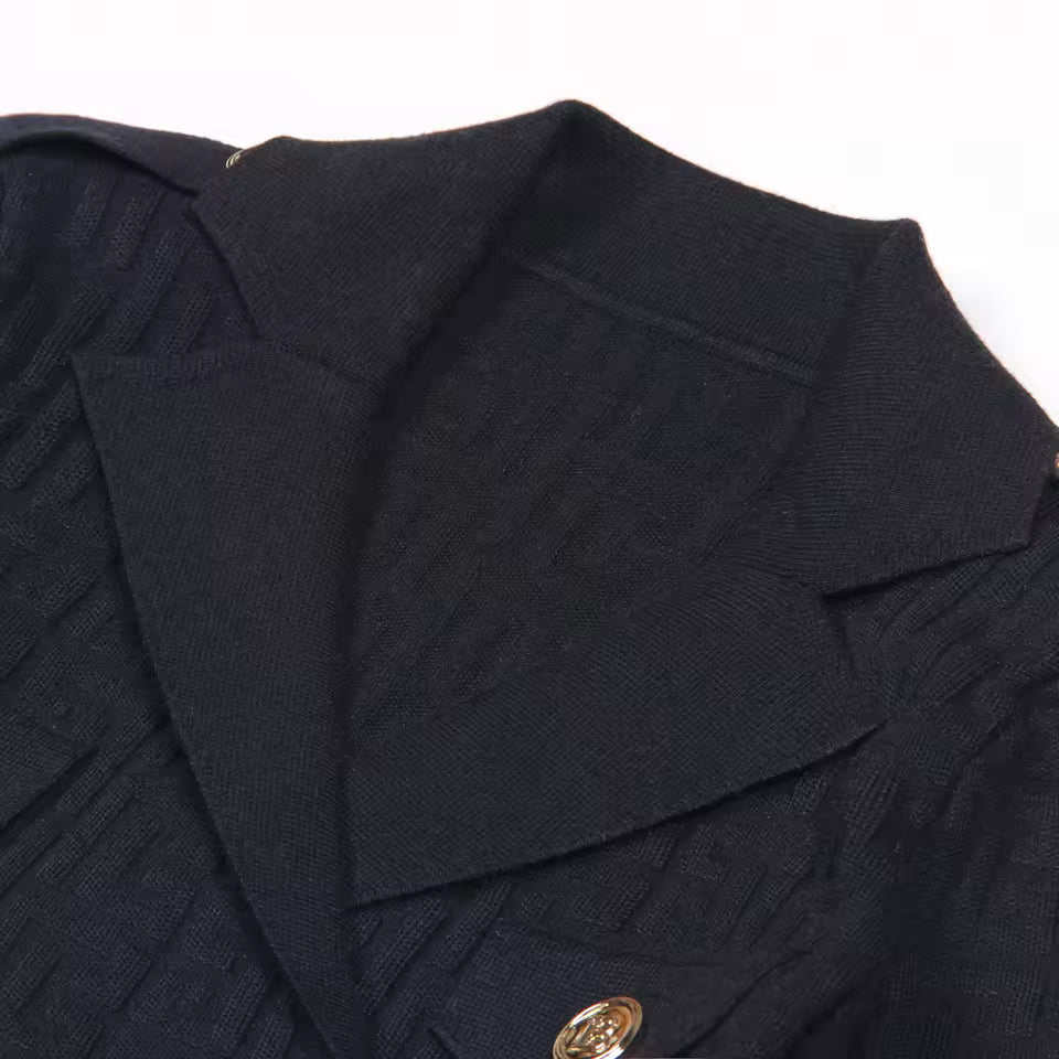 Solid Color Textured Lapel Double-Breasted Long Sleeve Knitted Dress