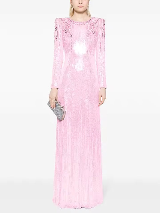 Beaded Sequin Mesh Maxi Dress