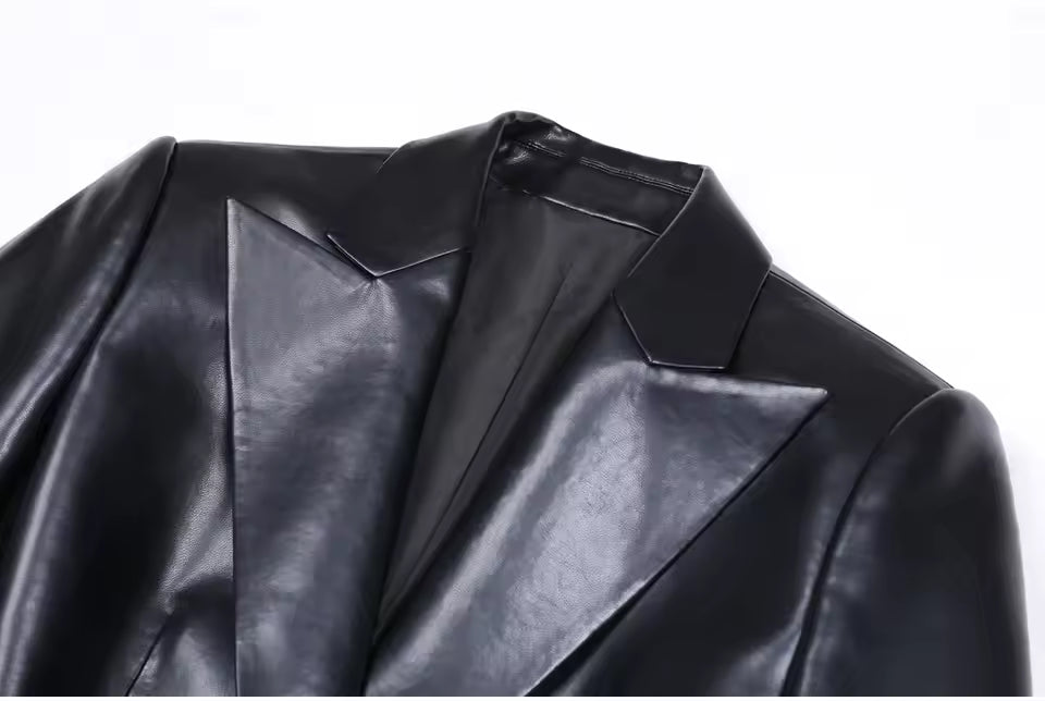 Classic PU Notched Blazer – Black Slim Fit