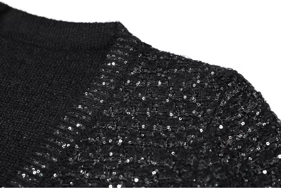 Sequined V-Neck Belted Knit Cardigan