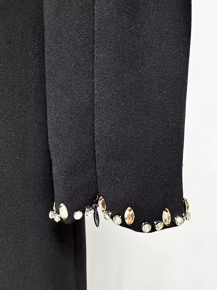 Split Mesh Diamond Beaded Long Sleeve Spaghetti Strap Maxi Dress