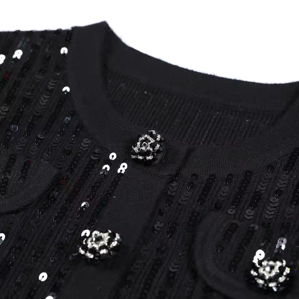 Luxury Sequin Knit Diamond Button Cardigan & Slim Fit Pencil Skirt Set