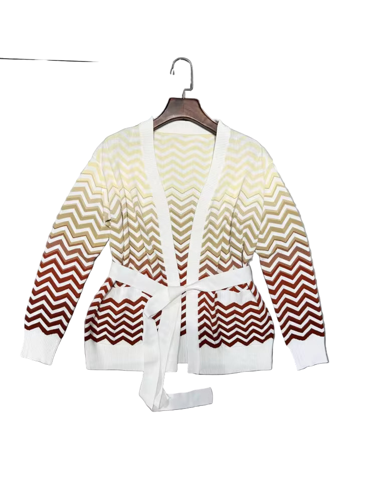 Lace-Up Waist Zigzag Striped V-Neck Long Sleeve Knit Cardigan