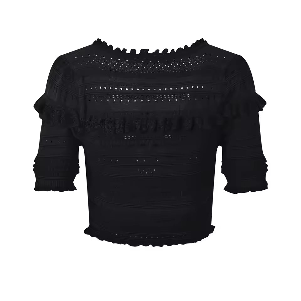 Ruffled Knit Square Neck Cardigan and Flare Pants Set