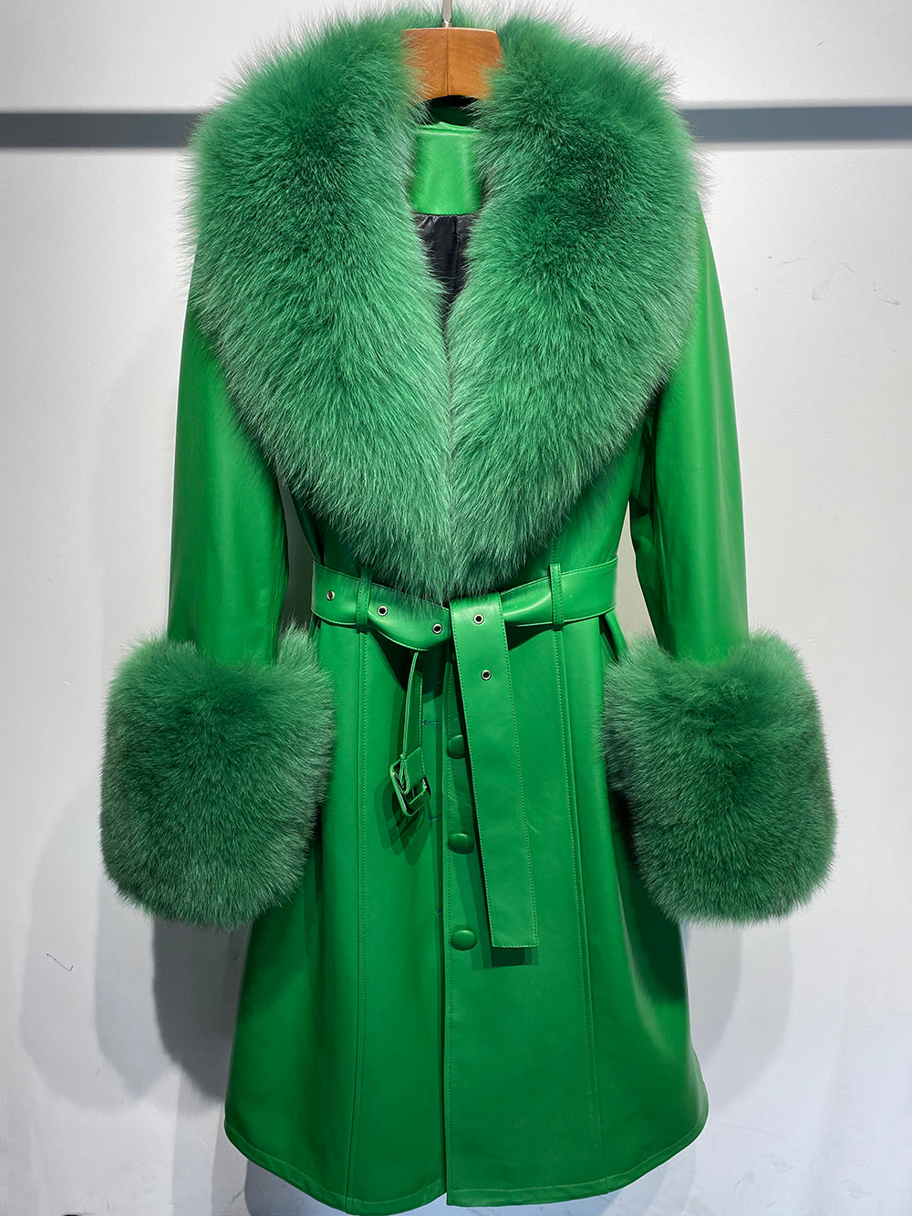 FOX FUR GENUINE LEATHER COAT IN GREEN