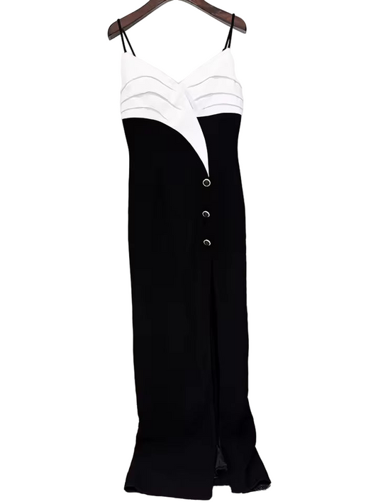 Black and White Color Block Spaghetti Strap Split Maxi Dress