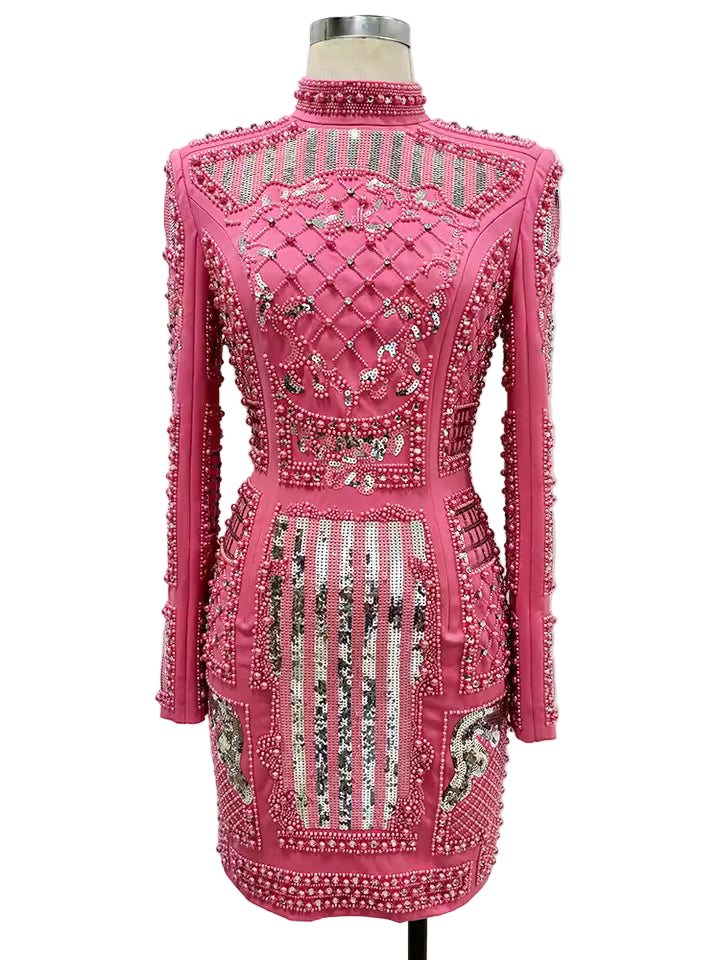 Pearl Sequin Beaded Long Sleeve Stretchy Dress