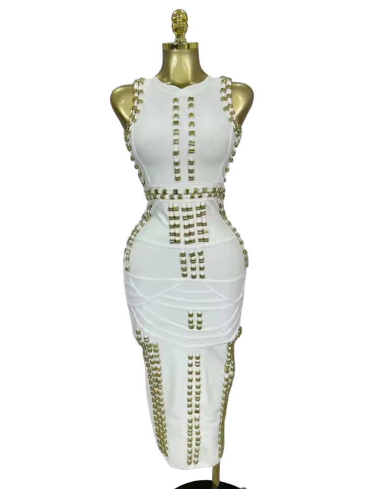 White Metal Buckle Sleeveless Bodycon Bandage Dress