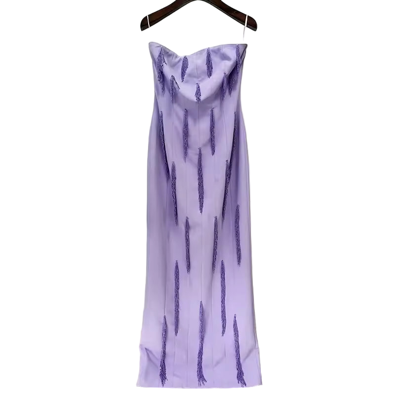 Purple Strapless Beaded Split Maxi Dress