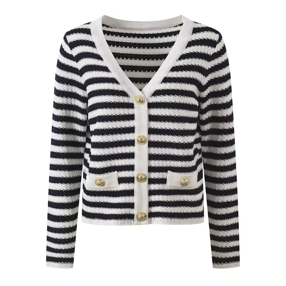 Colorblock Striped Single-Breasted Knit Cardigan