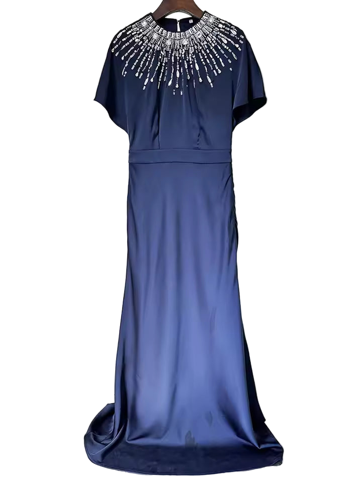 Backless Shiny Satin Diamond Beaded Maxi Dress