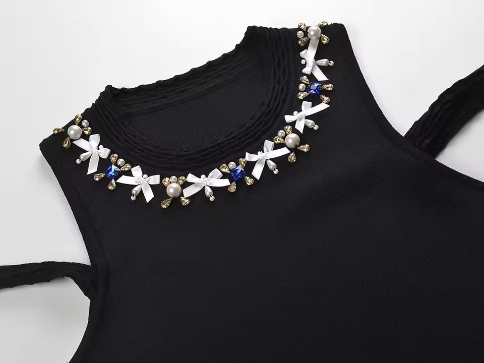 Ruffled Hem Beaded Knit Mini Dress