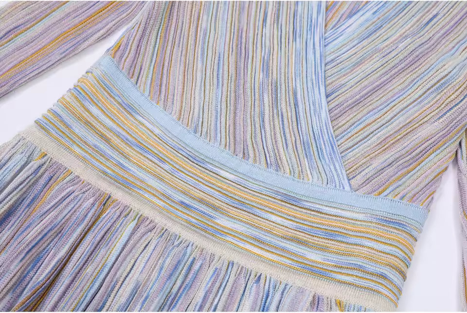 Vintage Striped V-Neck Knitted Midi Dress