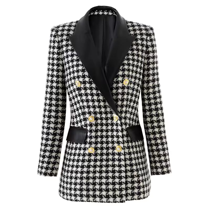Vintage Houndstooth PU Patchwork Double-Breasted Slim Fit Blazer