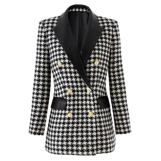 Vintage Houndstooth PU Patchwork Double-Breasted Slim Fit Blazer