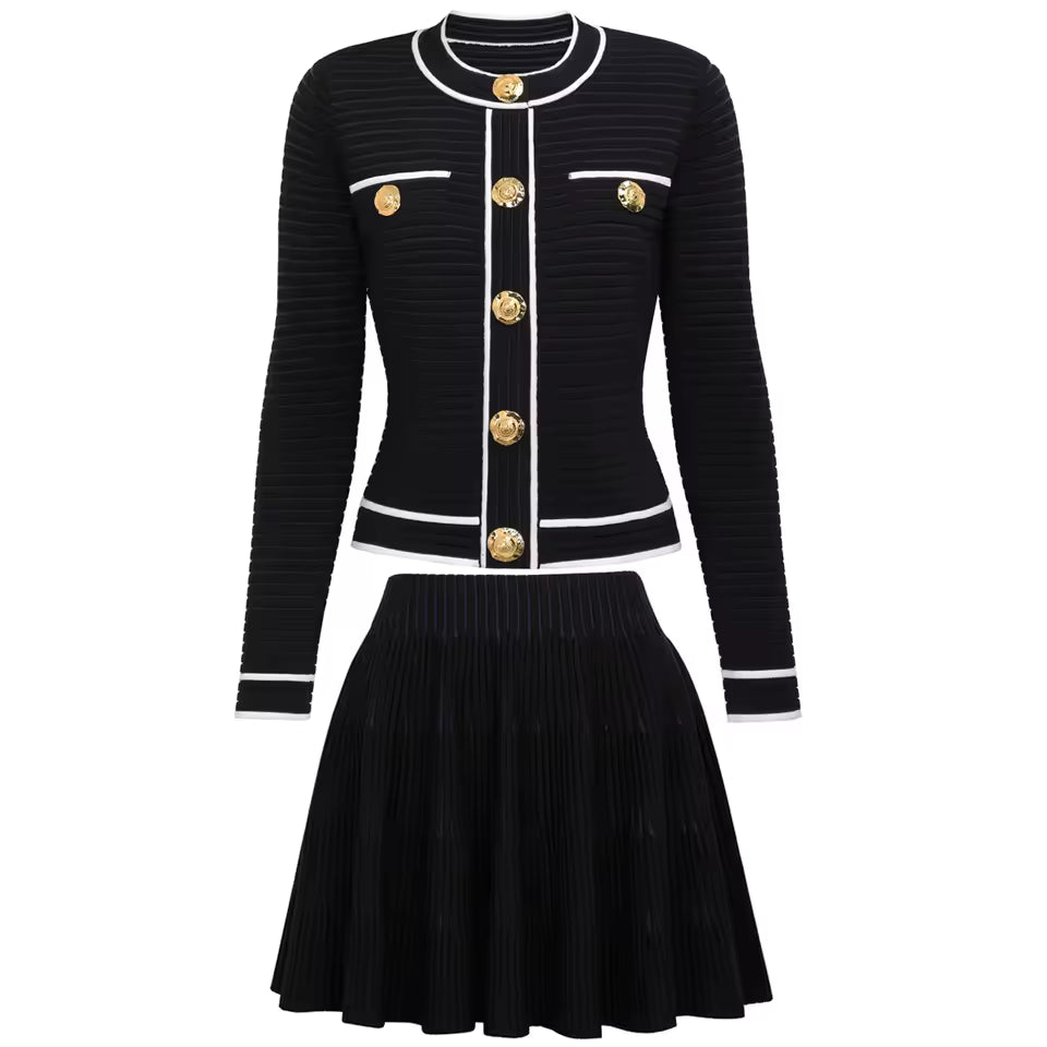 Striped Knit Single-Breasted Vest and Pleated Mini Skirt Set