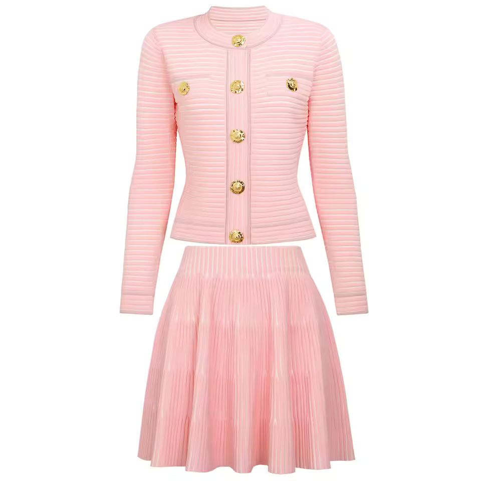 Striped Knit Single-Breasted Vest and Pleated Mini Skirt Set