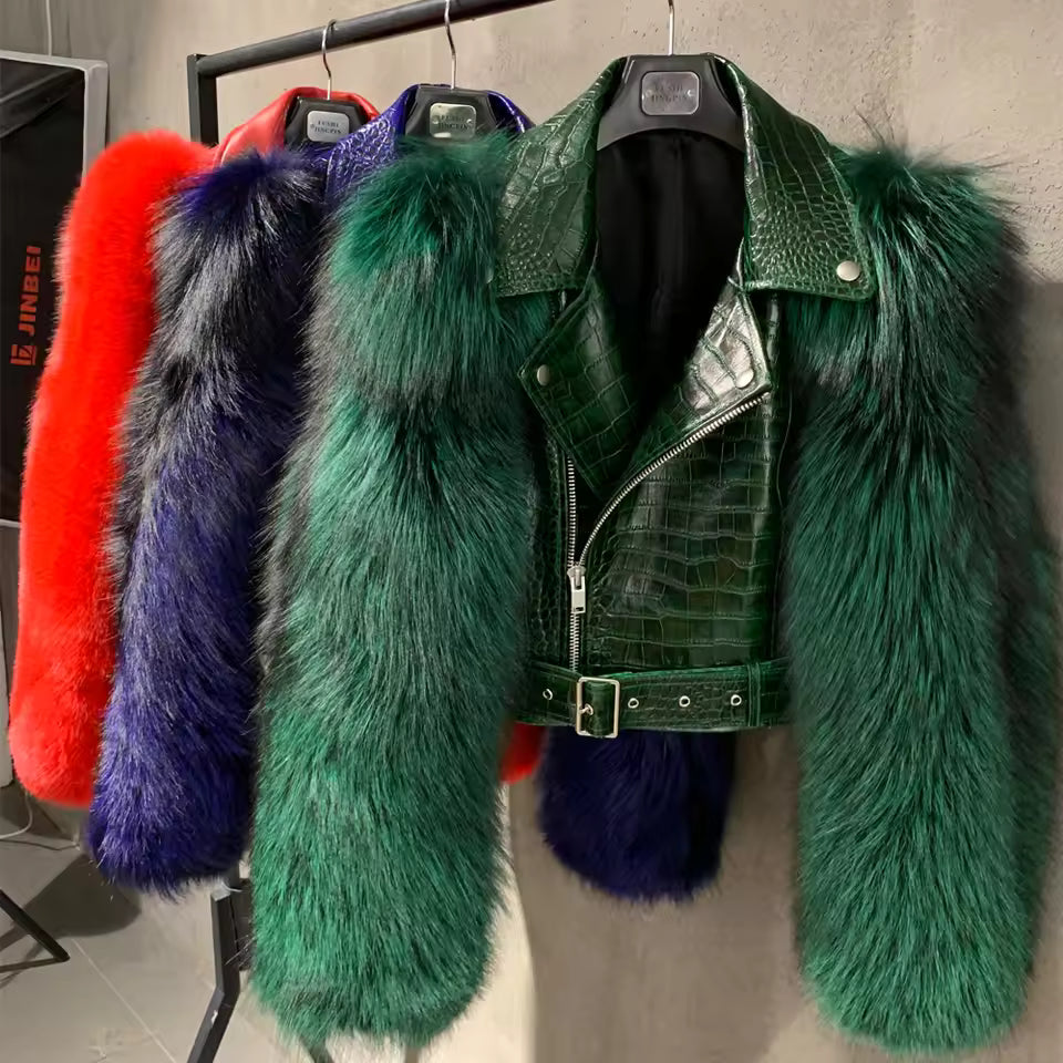 Leather Biker Jacket with Fox Fur Sleeves