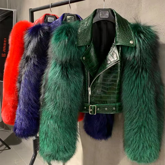 Leather Biker Jacket with Fox Fur Sleeves
