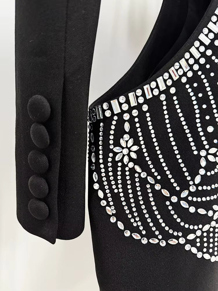 Beaded Diamond Hollow Out Single Button Jacket Pants Set