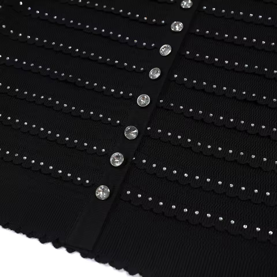 Knitted Lace Rhinestone Top Vest & Camisole with Ruffle Edge Slim Fit Half Skirt Set