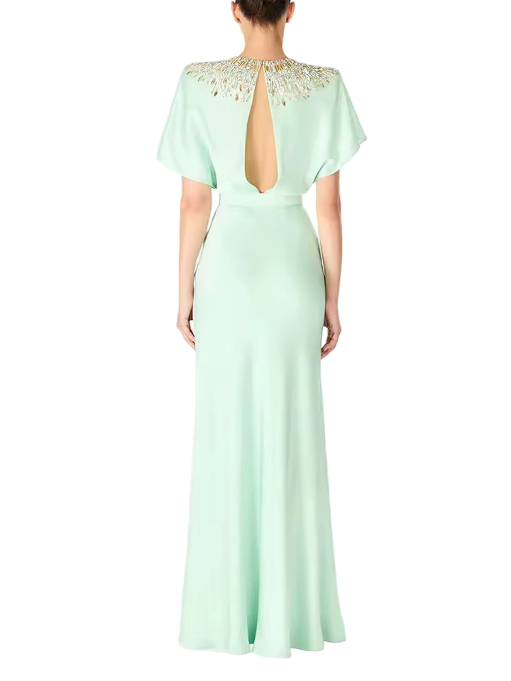 Backless Shiny Satin Diamond Beaded Maxi Dress