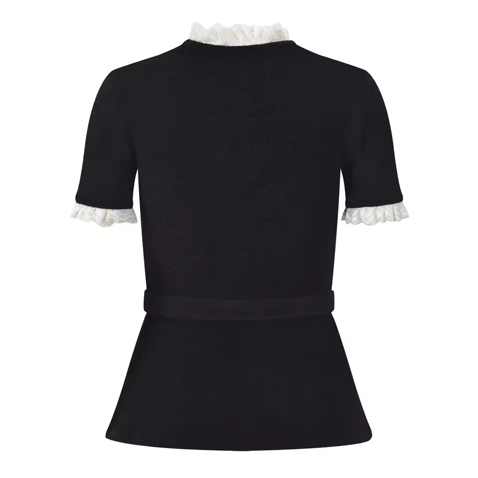 Vintage French Lace Patchwork O-Neck Short Sleeve Knit Cardigan with Belt