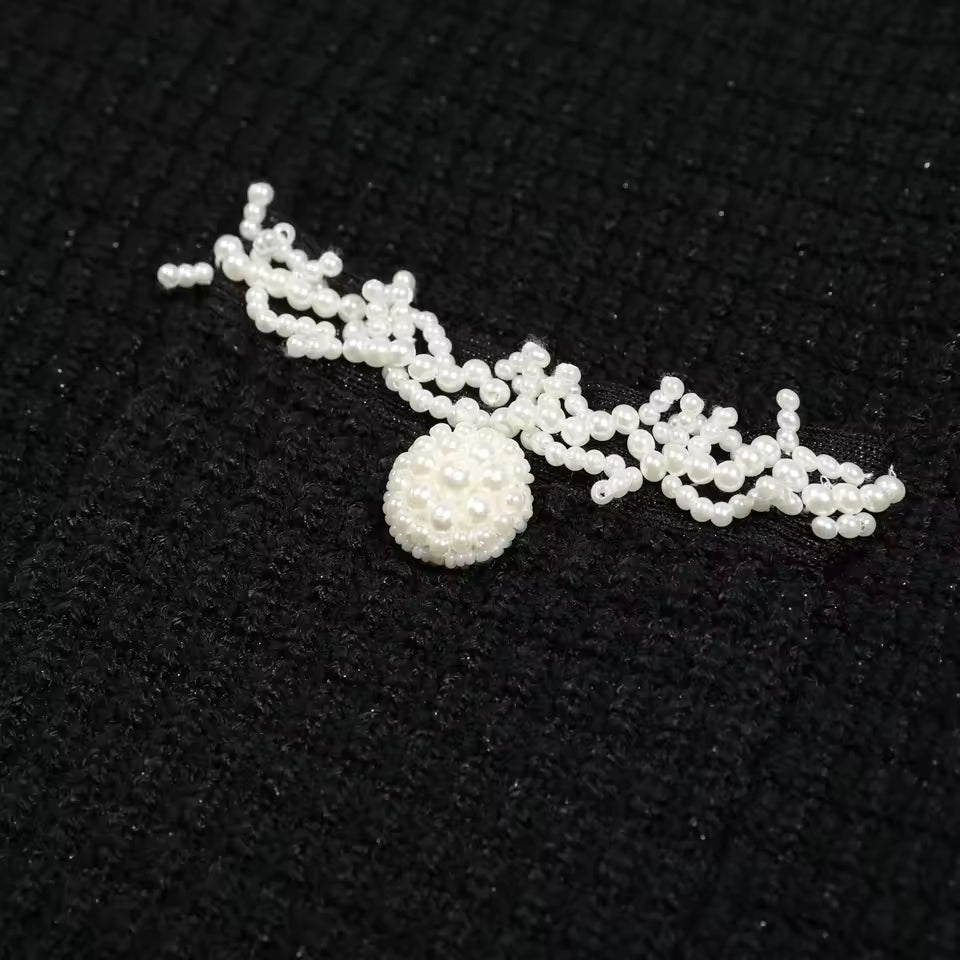 Two-Tone V-Neck Beaded Pocket Long Sleeve Slim Fit Fishtail Knit Dress