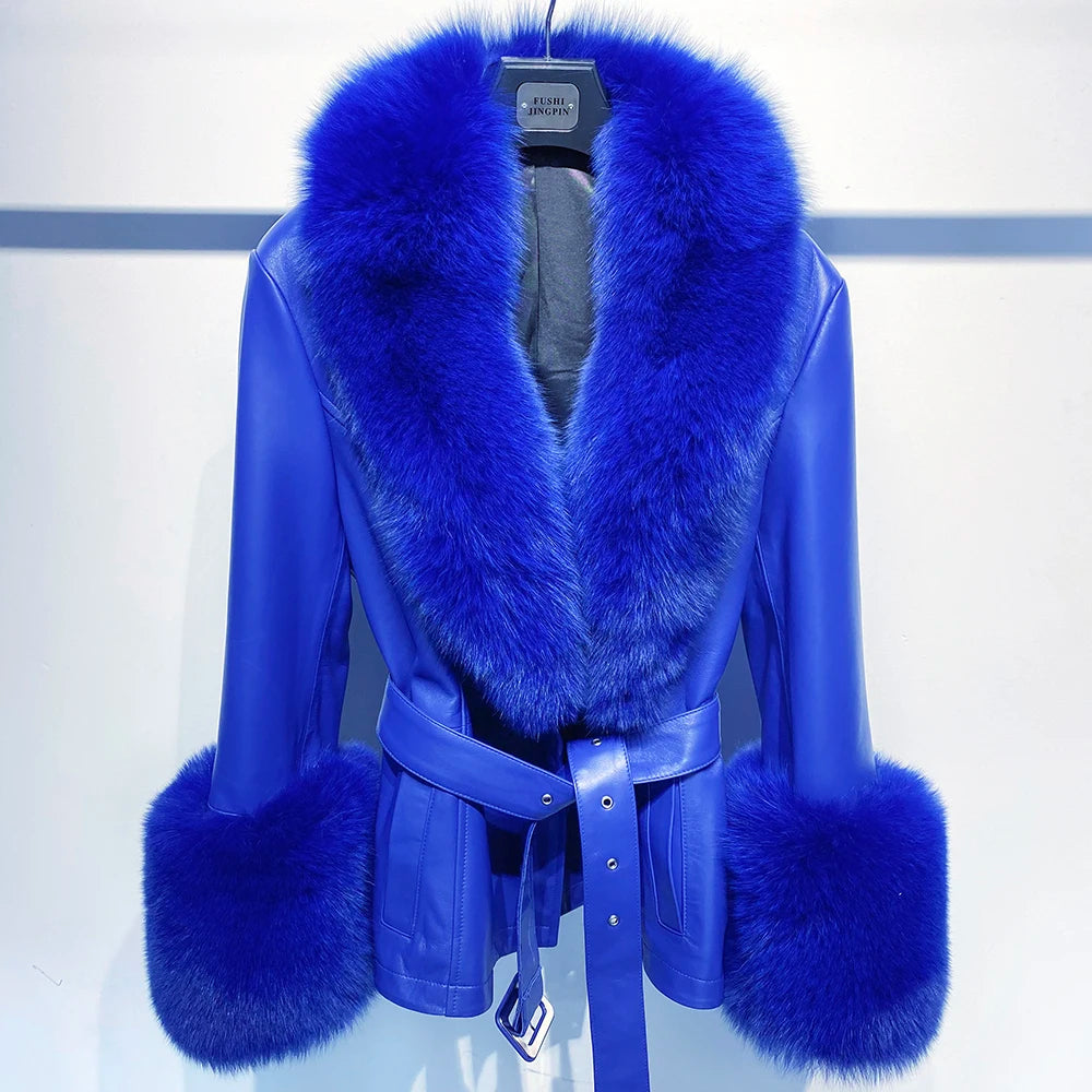 FOX FUR GENUINE LEATHER JACKET IN ROYAL BLUE