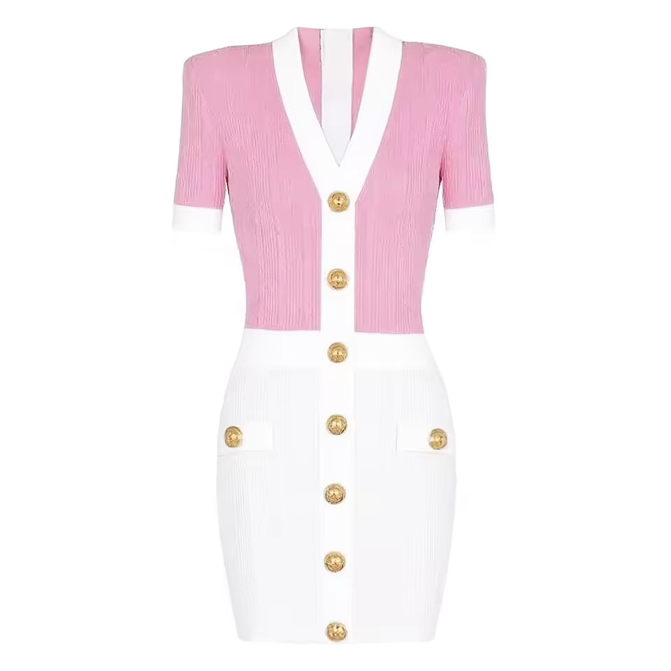 Color Block V-Neck Short Sleeve Slim Fit Knit Dress