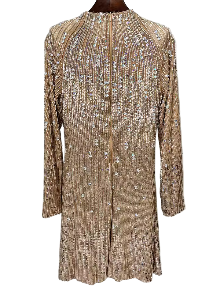Rhinestone Sequin Beaded Long Sleeve O-Neck Party Mini Dress
