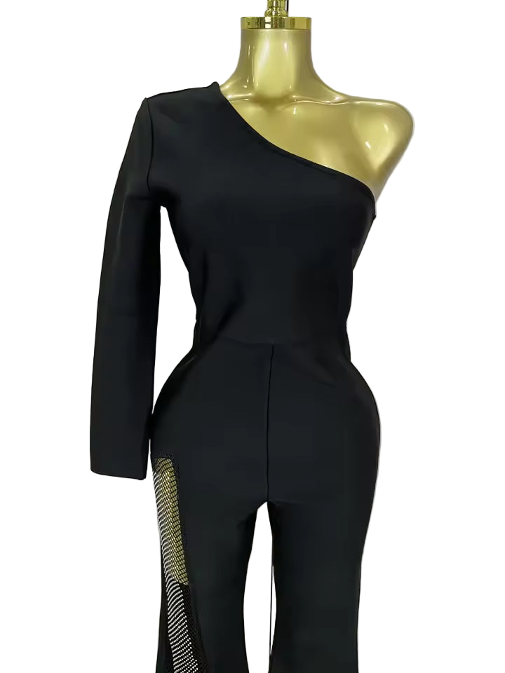 Shiny Sequin Mesh One-Shoulder Bell-Bottom Bandage Jumpsuit