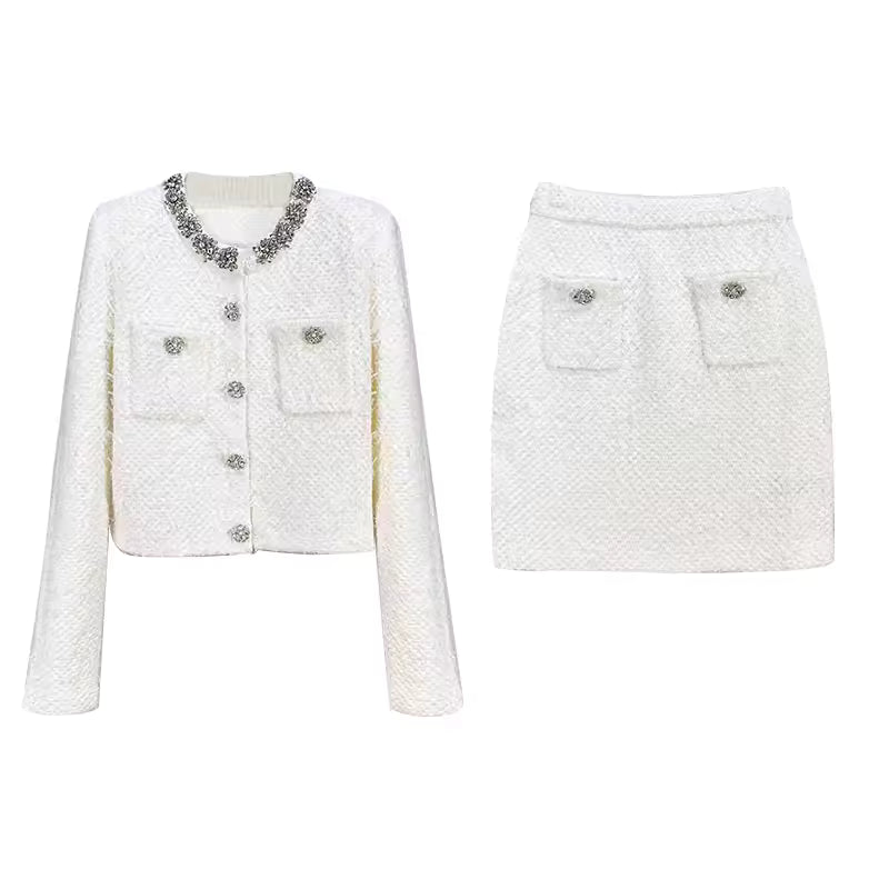 Luxury Rhinestone Beaded Knit Cardigan & Mini Pencil Skirt Set