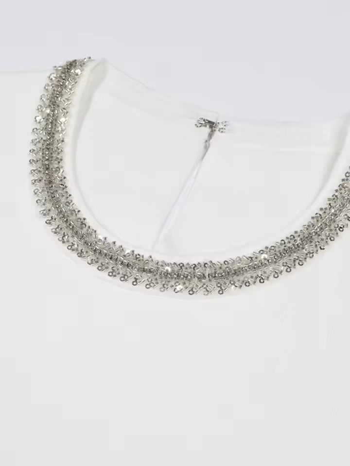 Beaded Patchwork Mini Dress with Pockets – Round Neck & Short Sleeves