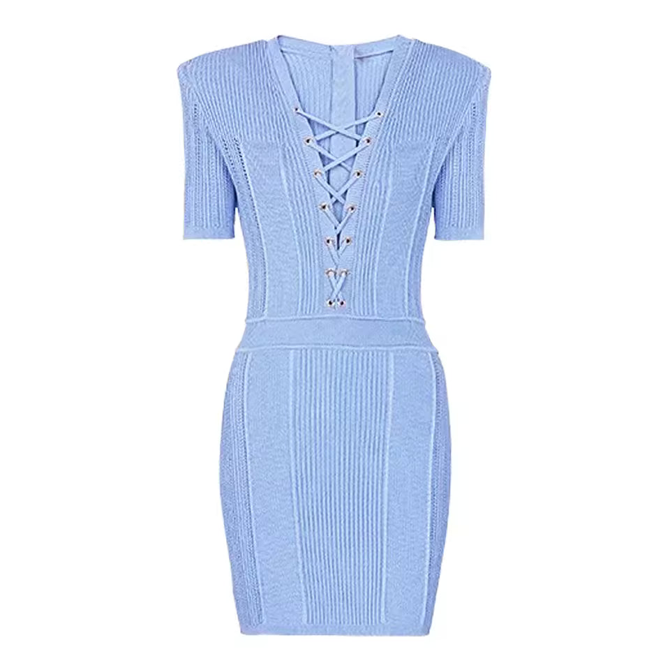 Three-Color Knitted V-Neck Belted Short Sleeve Slim Fit Dress