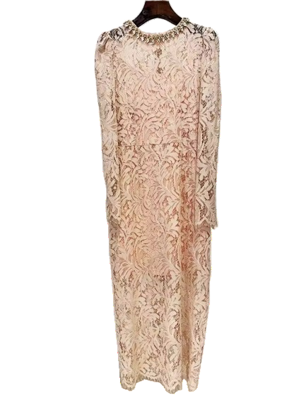 Rhinestone Lace Midi Dress with Three-Quarter Sleeves